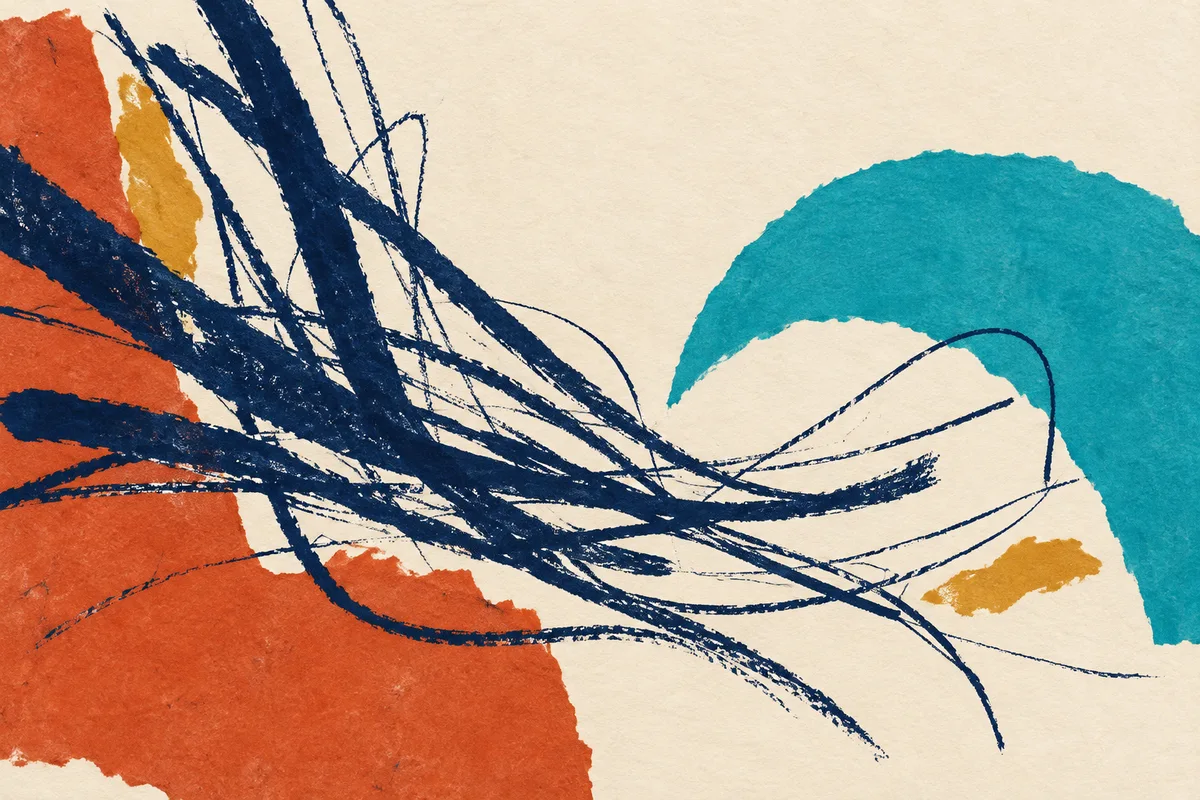 Expressive navy strokes meet a turquoise arc and torn terracotta shapes on ivory paper.